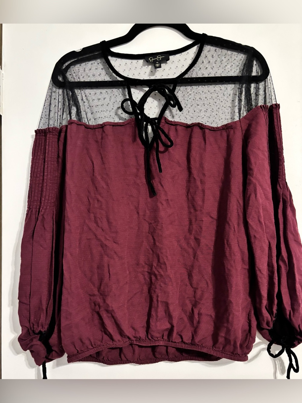Jessica Simpson Burgundy Long Sleeve Sheer Yoke Tie-Neck Top